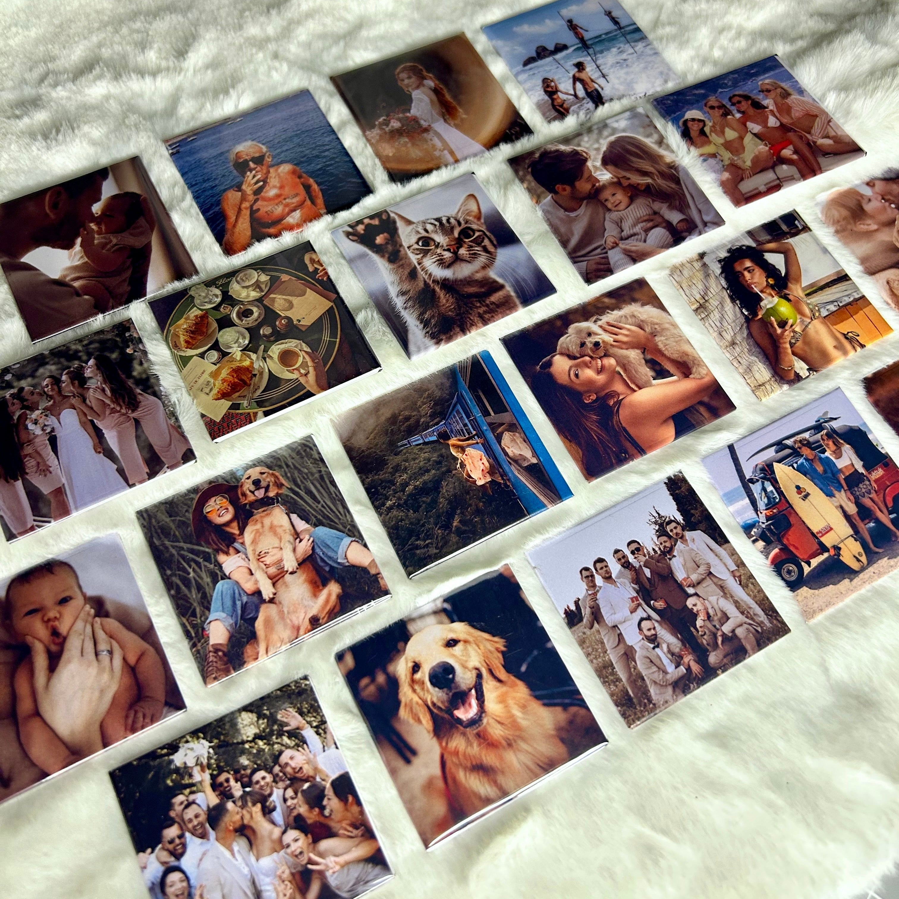Set of custom photo magnets featuring special moments and travel memories.