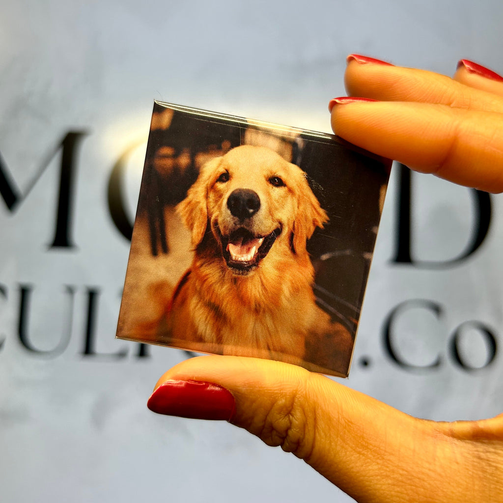 Close-up of the glossy metallic finish on a high-quality custom photo magnet.