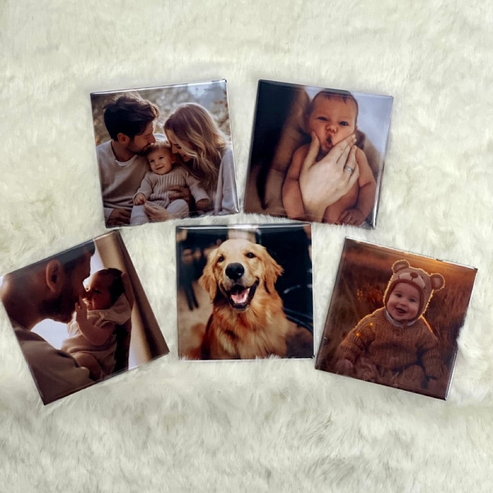 Set of custom magnets featuring special moments and travel memories.