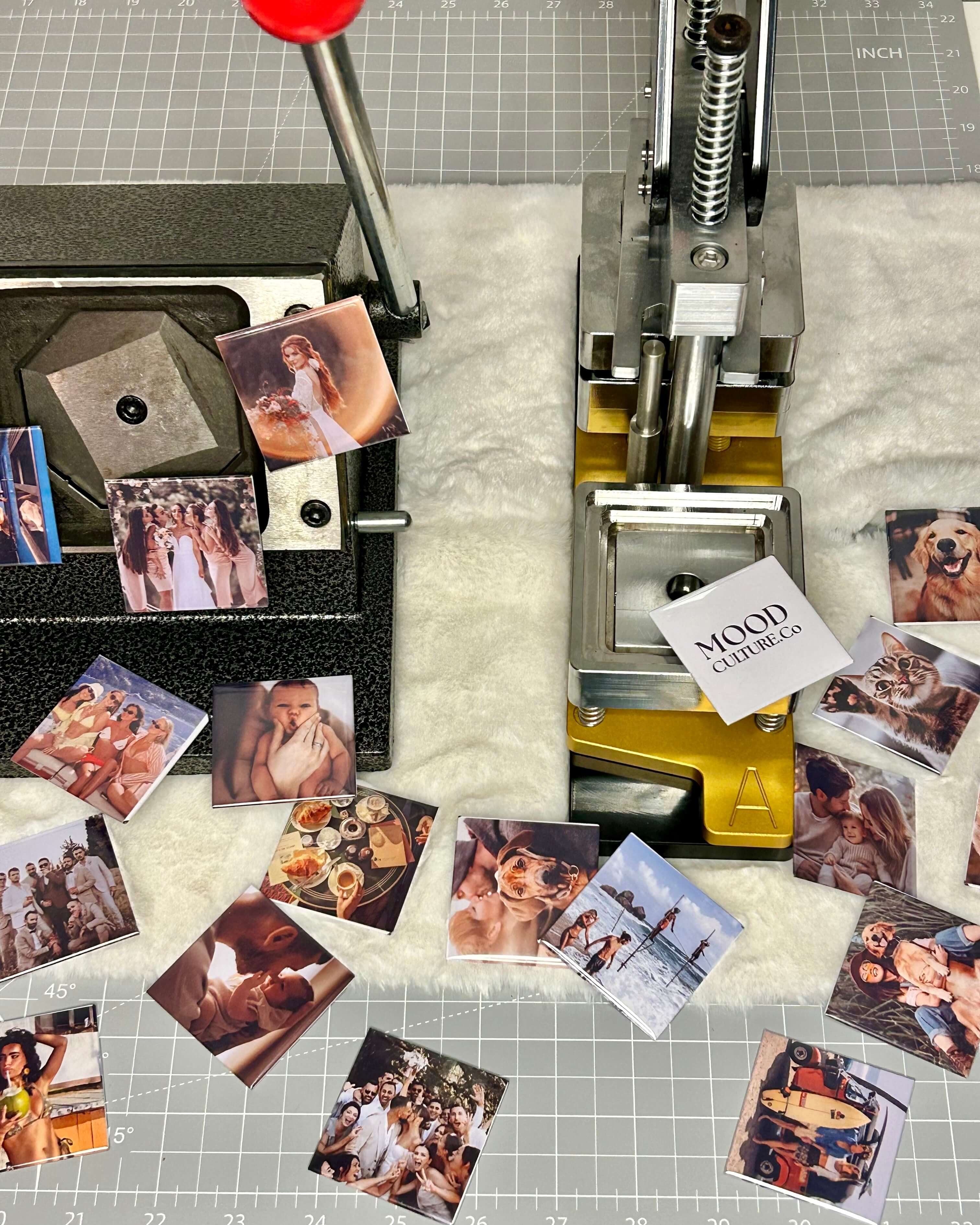 Set of 12 custom magnets featuring special moments and travel memories.