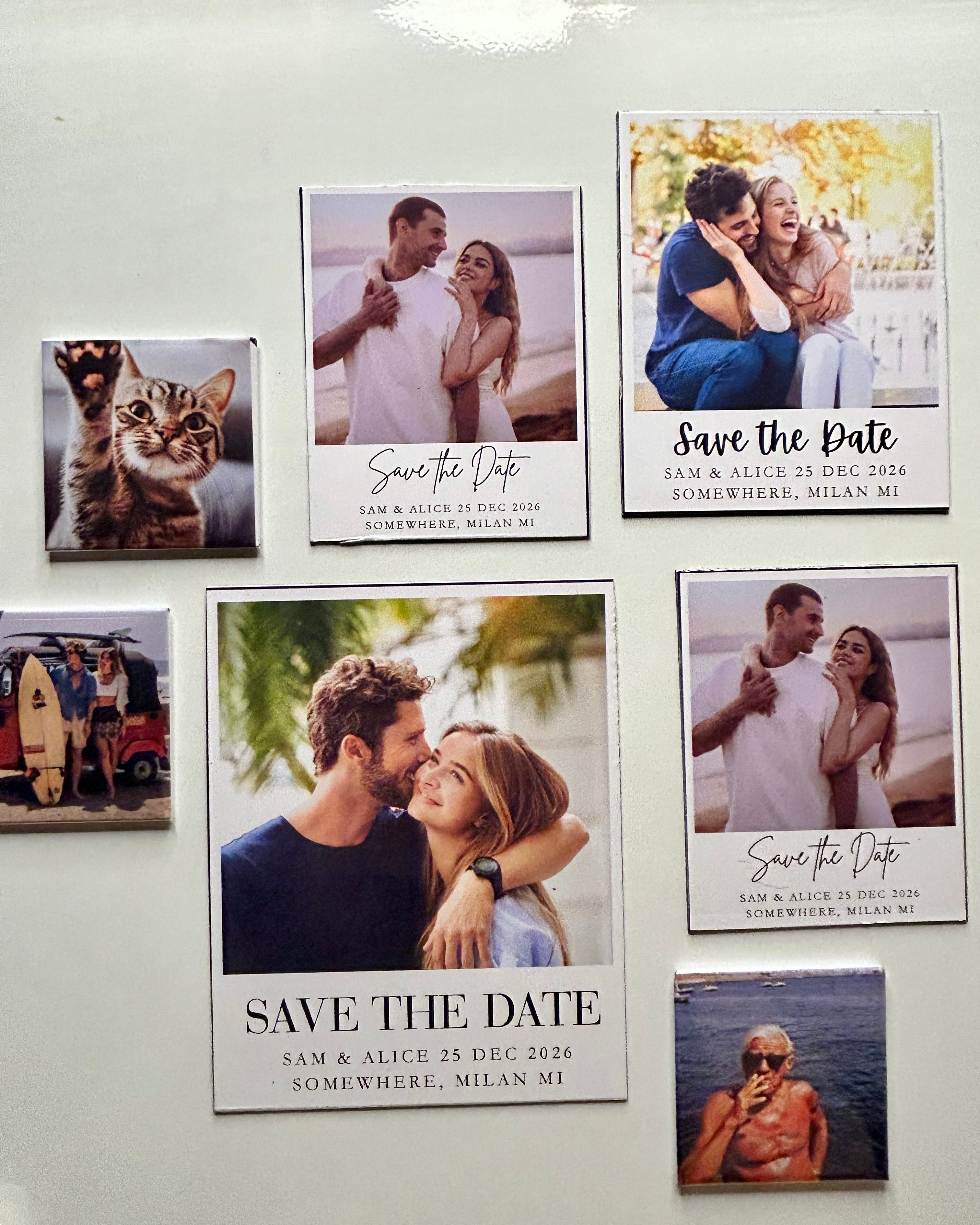 Personalized save the date photo magnets displayed on a modern refrigerator in a bright kitchen setting.