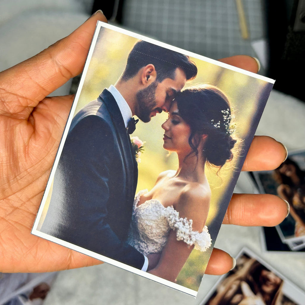 Custom photo magnet with wedding picture printed on premium glossy photo paper.