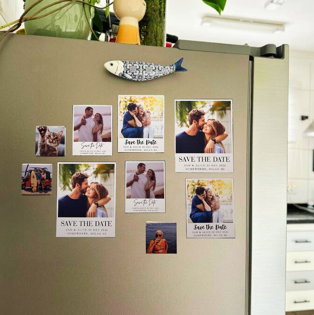 Personalized photo magnets displayed on a modern refrigerator in a bright kitchen setting.
