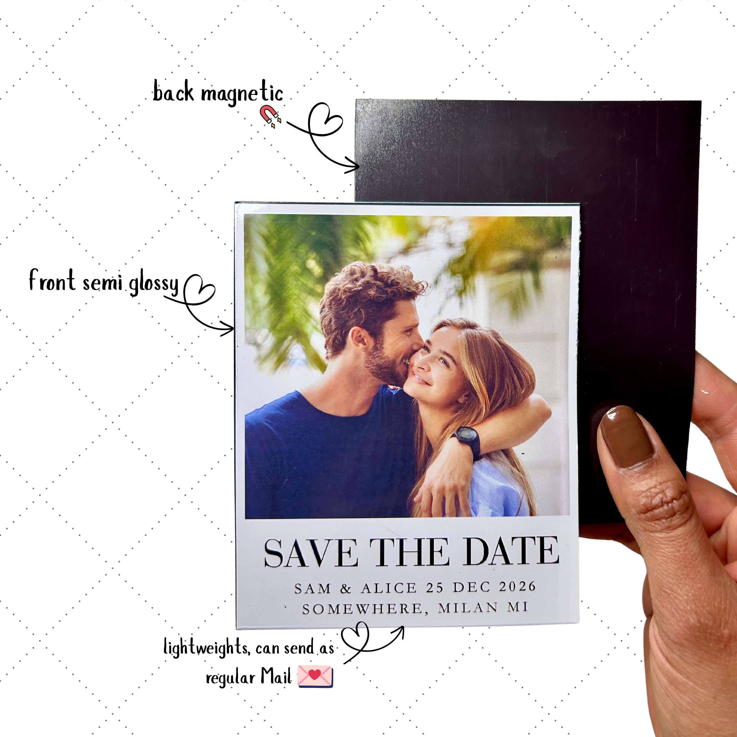 4 x 5-inch save the date photo magnet held in hand to show size and scale